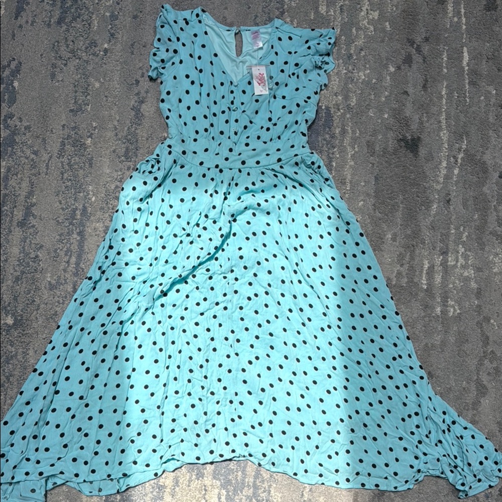 Justice Light Blue Dress with Black Polka Dots